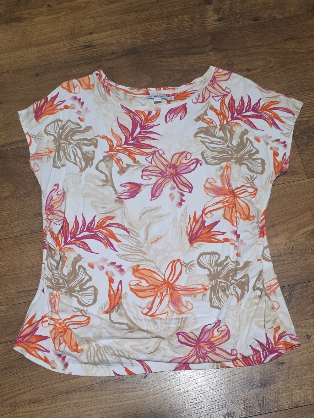 Chico's White Short Sleeve Tee with Pink, Orange, Tan Floral Print Chicos Size 1